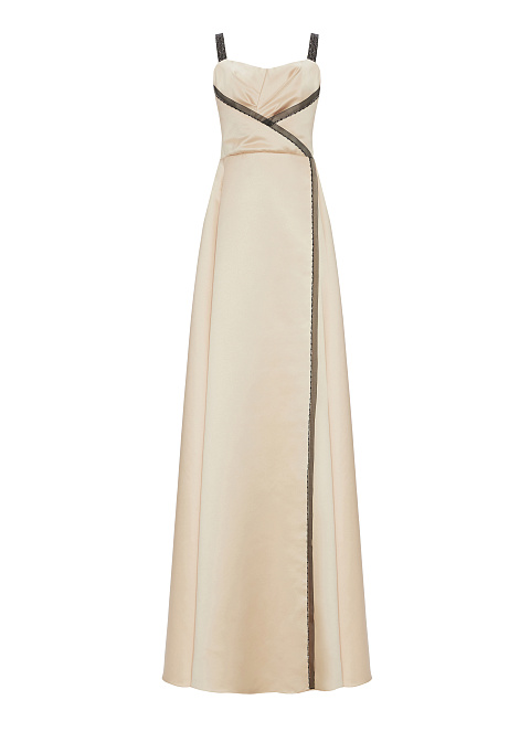 Lace Trimmed Beige Silk Maxi Dress, 1 Lace Trimmed Beige Silk Maxi Dress, 1