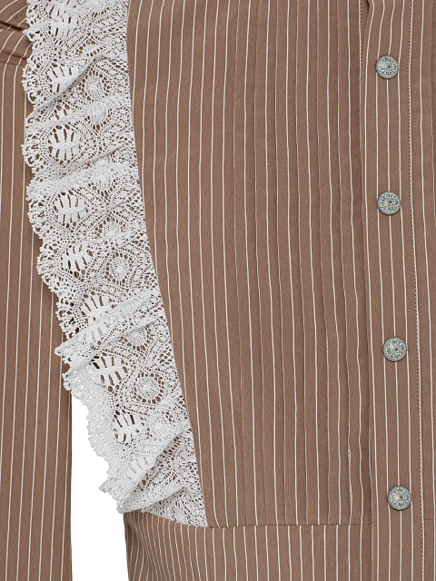 Light Brown Lace Trim Striped Cotton Blouse, 3 Light Brown Lace Trim Striped Cotton Blouse, 3
