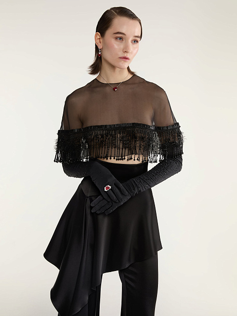 Black Organza Cape With Beaded Fringe, 3 Black Organza Cape With Beaded Fringe, 3