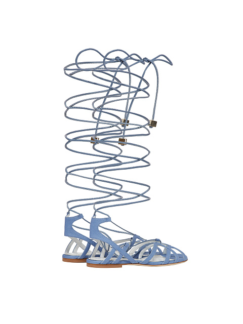 Light Blue Denim & Leather Lace Up Sandals, 3