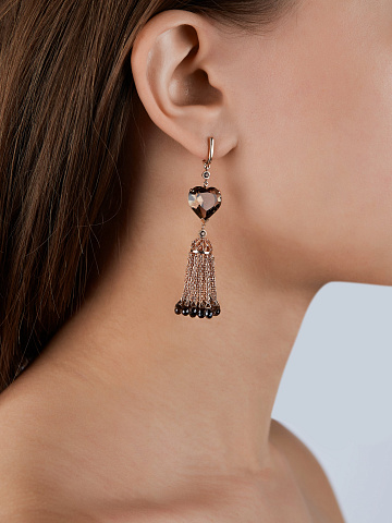Heart Smoky Quartz, Briolette Smoky Quartz & Rose Gold Tassel Earrings, 2