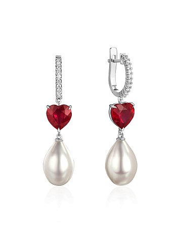 White gold earrings with heart-cut ruby, pearls and diamonds, 1