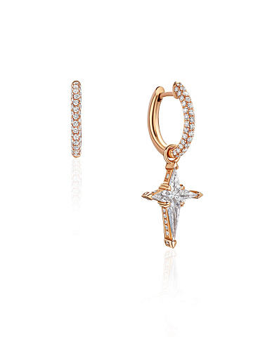 Asymmetrical rose gold hoops with pendant, 1