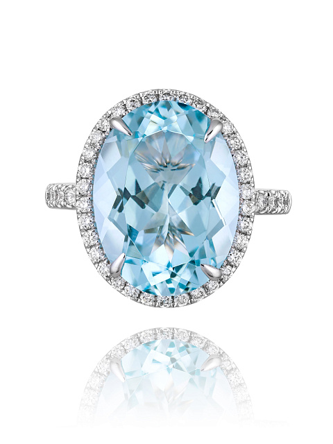 Oval Aquamarine & Round Diamond White Gold Ring , 2