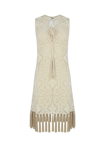 Beige Lace Cotton Mini Dress, 1