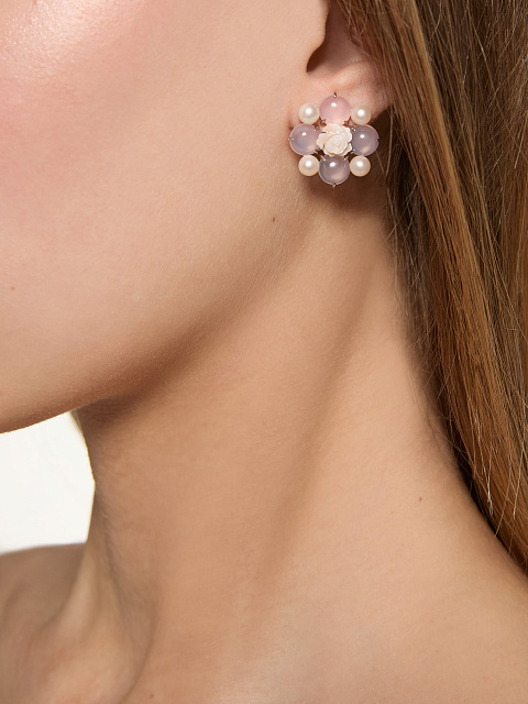 Pink Mother of Pearl, Cabochon Pose Quartz, Bead Pearl & White Gold Earrings, 6