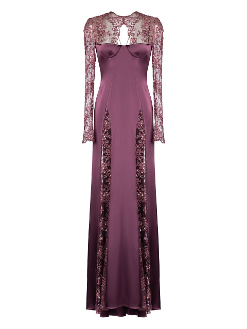 Purple Silk Lace-Paneled Maxi Dress, 1
