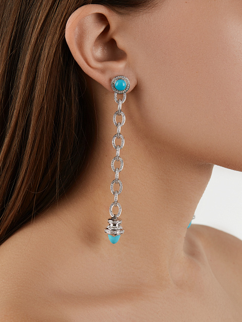 Cabochon Turquoise, Round Diamond & White Gold Earrings, 3