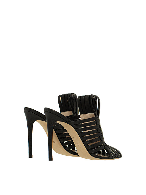 Black Woven Leather Heeled Mules, 3