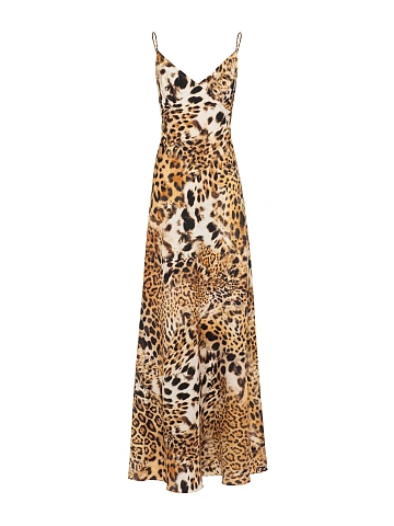 Beige Leopard Print Silk Maxi Dress, 1