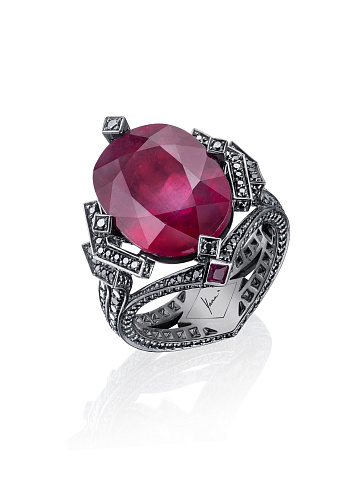 Black Round Diamond, Oval Ruby & Black Gold Ring, 1