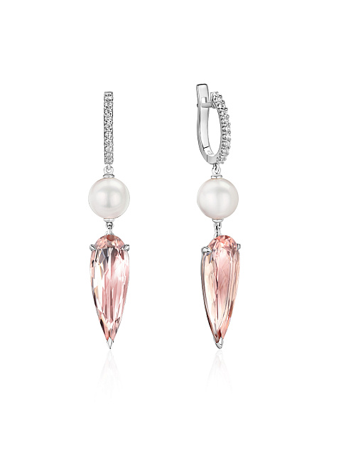 White gold earrings with morganite and Akoya pearls, 1