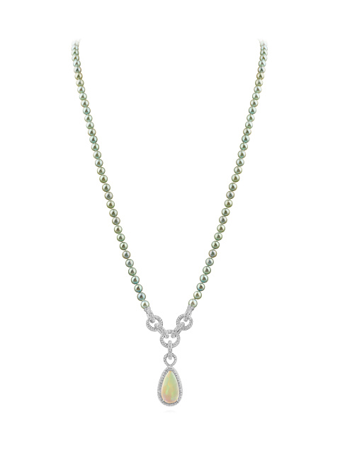 White gold necklace with green Akoya pearls and opal, 1
