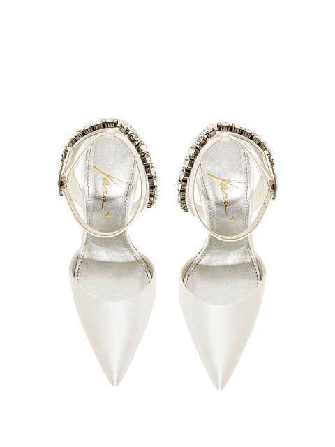 White satin pumps with pointed toe and rhinestones, 4