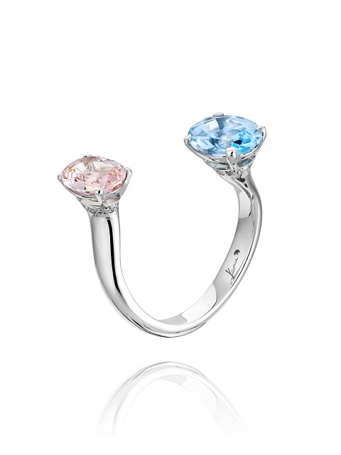 Oval Morganite, Oval Aquamarine, Round Diamond & White Gold Ring, 1