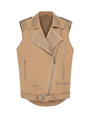 Beige Studded Leather & Shearling Vest, 1