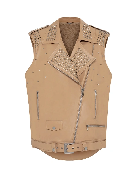 Beige Studded Leather & Shearling Vest, 1 Beige Studded Leather & Shearling Vest, 1