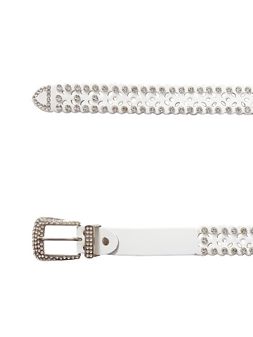 White Rhinestone Perforated Faux Leather Belt, 2