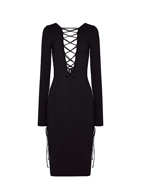 Black Lace Up Jersey Midi Dress, 2 Black Lace Up Jersey Midi Dress, 2