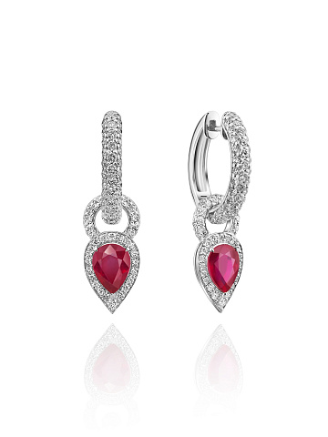 Ruby Pear, Round Diamond & White Gold Earrings, 1