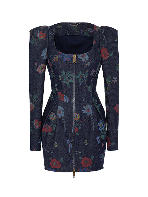Blue Floral Print Denim Mini Dress, 1 Blue Floral Print Denim Mini Dress, 1