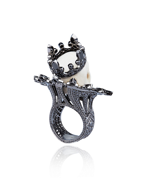 Mammoth Tusk, Black Diamond & Black Gold Skull Ring, 3