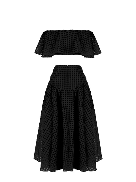 Black Checked Chiffon Top & Midi Skirt, 2 Black Checked Chiffon Top & Midi Skirt, 2