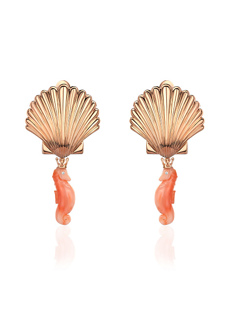 Shell earrings in rose gold with coral, 1