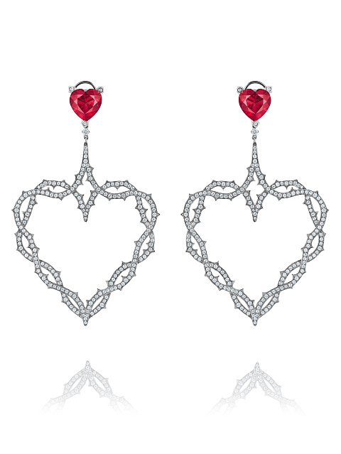 Black Gold Diamond & Ruby Heart-Shaped Earrings, 1
