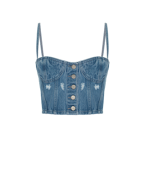 Blue Distressed Washed Denim Top, 1