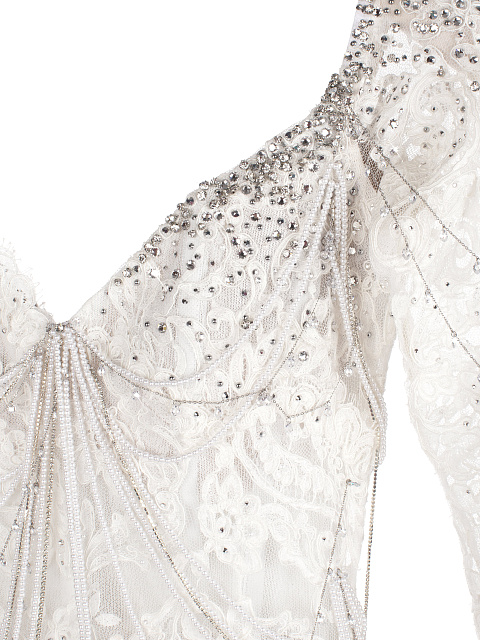 White Lace-Paneled Pearl-Embellished Dress, 3