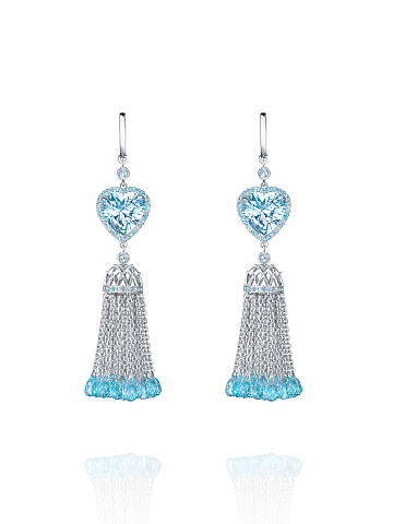2 Heart Topaz Sky & Briolette Topaz Sky & White Gold Tassel Earrings, 1