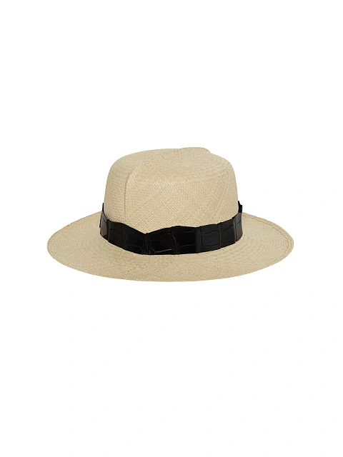 Black Crocodile Leather Trimmed Lily Straw Hat, 3 Black Crocodile Leather Trimmed Lily Straw Hat, 3