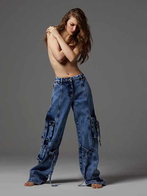 Blue Wide Leg Cargo Jeans, 6