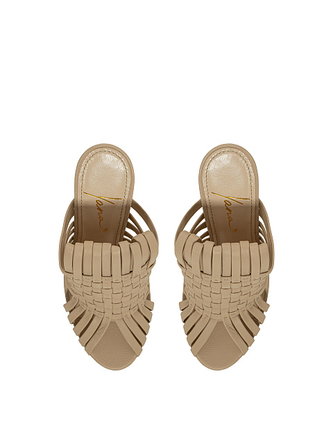 Beige Woven Leather Heeled Mules, 4
