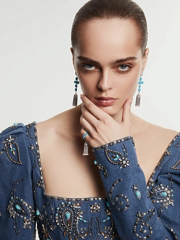 White Gold & Turquoise Cross Tassel Earrings, 2