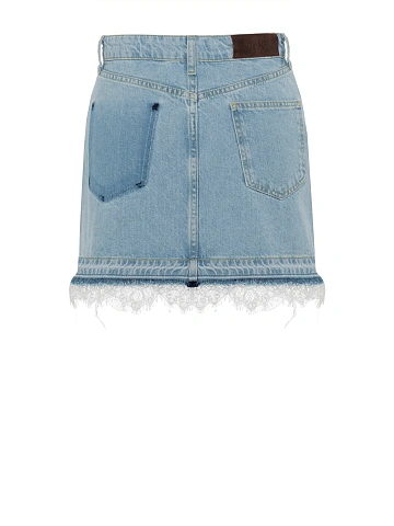 Light Blue Lace Trim Denim Mini Skirt, 2