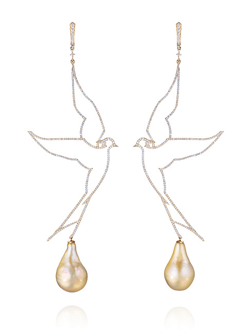 Gold, Round-cut Diamonds & Pearls Bird Earrings, 1