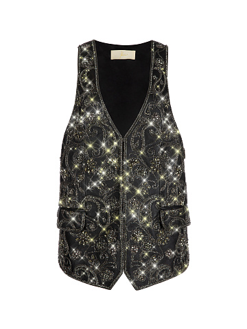 Black Leather Crystals Hand Embroidered Vest, 1
