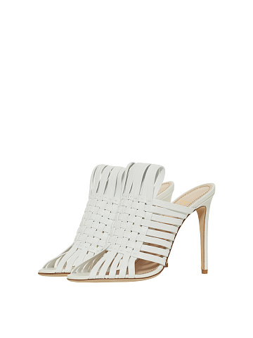 White Woven Leather Heeled Mules, 1