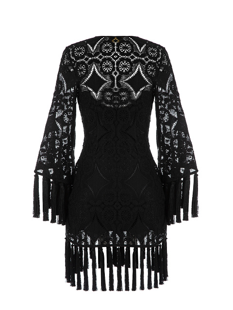 Black Fringed Lace Cotton Wrap Mini Dress, 2 Black Fringed Lace Cotton Wrap Mini Dress, 2