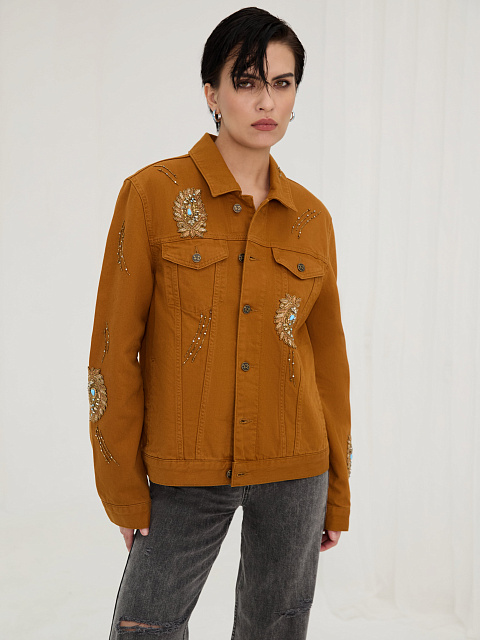 Brown Denim Jacket With Crystals And Beads, 2