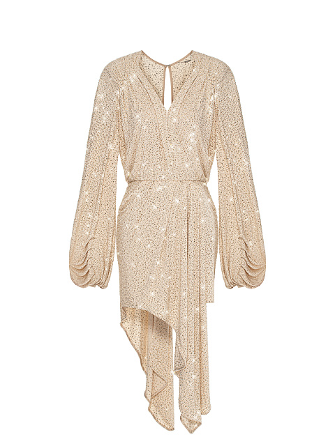 Beige Asymmetric Rhinestones Mini Dress, 1 Beige Asymmetric Rhinestones Mini Dress, 1