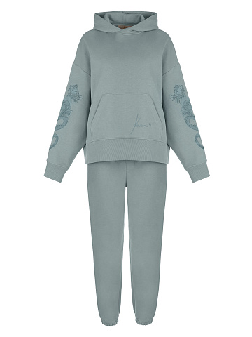 Grey & Blue Dragon Embroidered Jersey Suit, 1