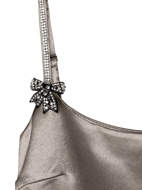 Silver satin mini dress with rhinestone bows, 3 Silver satin mini dress with rhinestone bows, 3