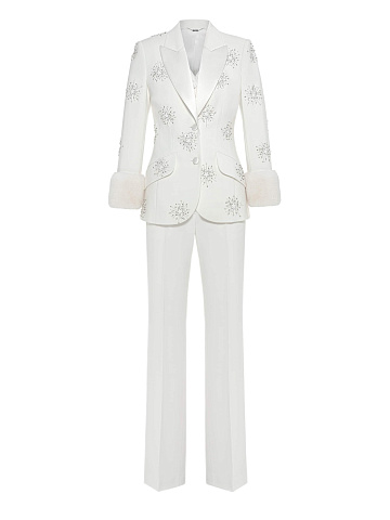 White three-piece suit with embroidery and mink cuffs, 1