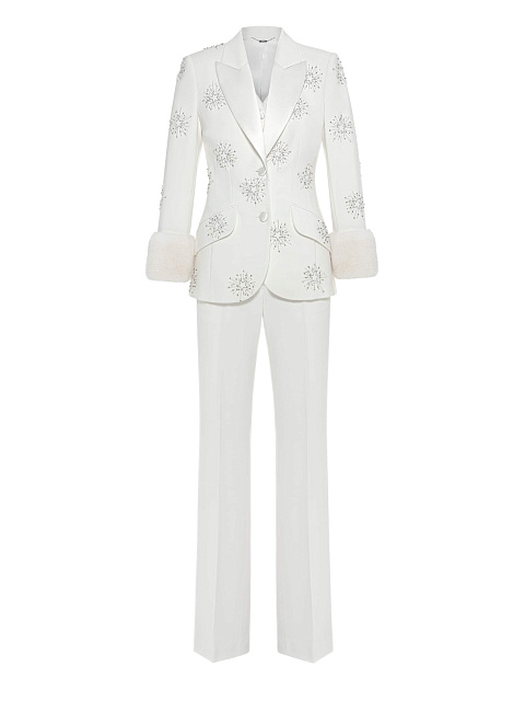 White three-piece suit with embroidery and mink cuffs, 1 White three-piece suit with embroidery and mink cuffs, 1