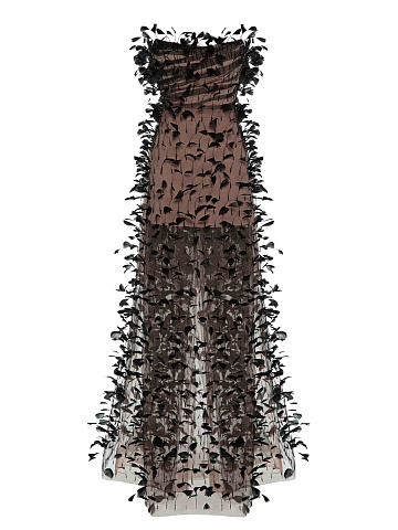 Black feathered maxi dress, 1