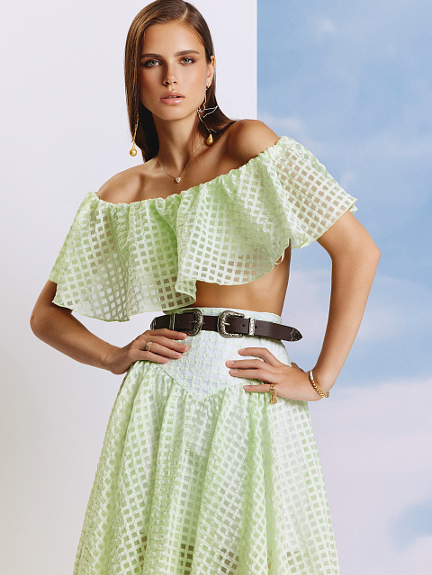 Lime Green Checked Chiffon Top & Midi Skirt, 6 Lime Green Checked Chiffon Top & Midi Skirt, 6