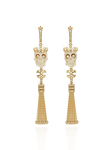 Tassel earrings in yellow gold with yellow diamonds and mammoth tusk skulls, 1